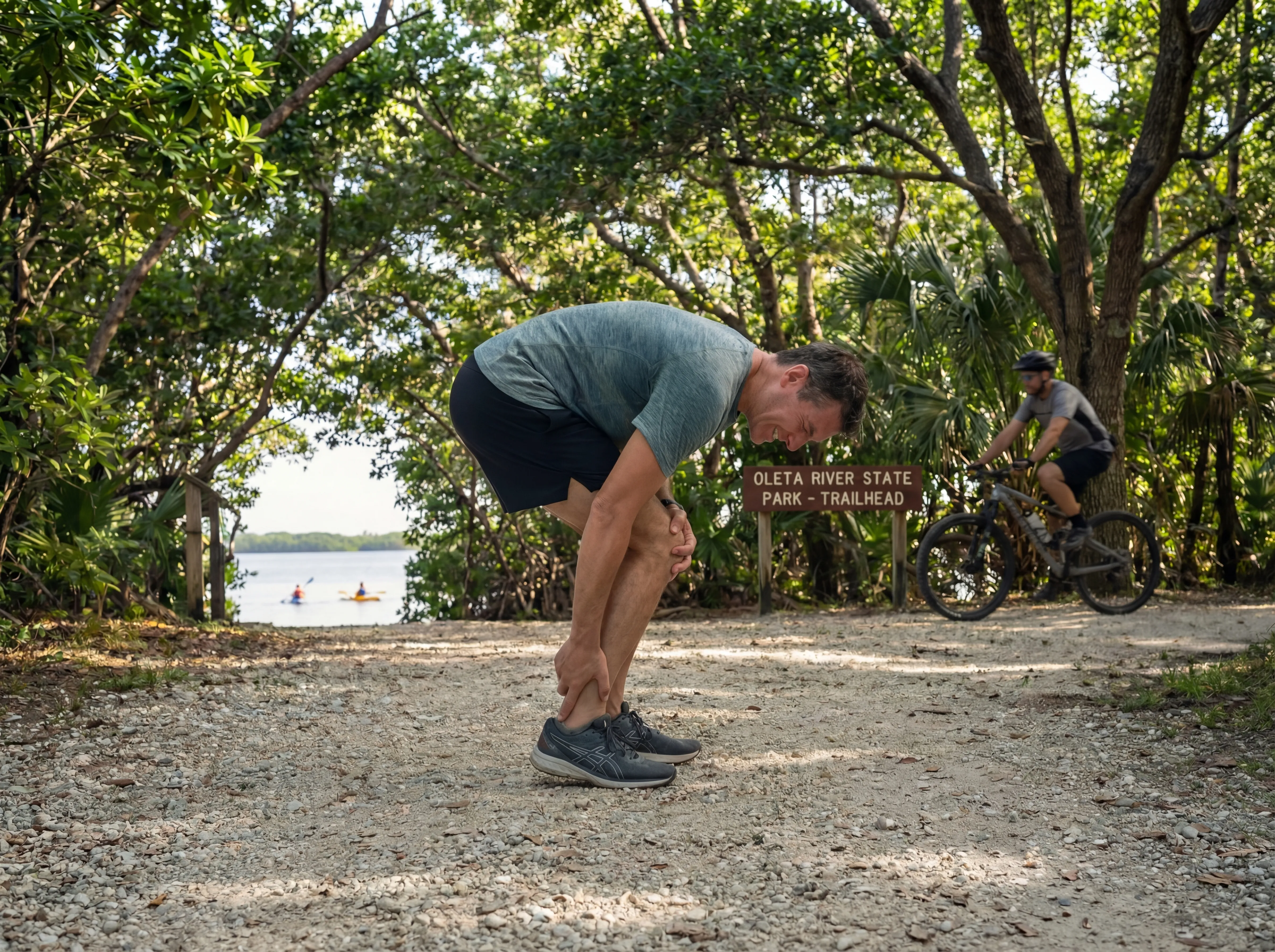 Runner with achilles tendonitis ankle pain at Oleta River State Park Miami Florida