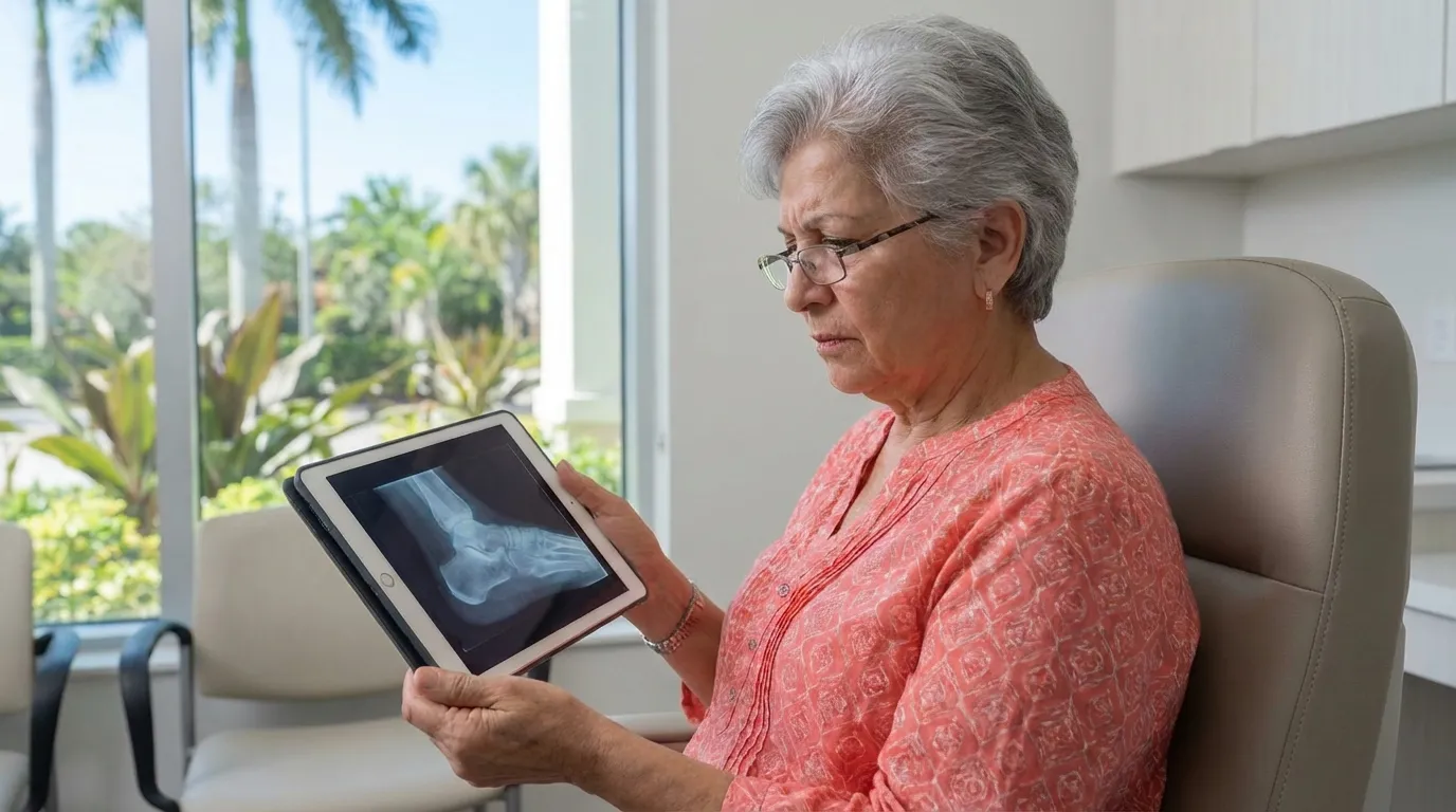 Heel spur diagnosis in Miami: patient reviewing foot X-ray at a South Florida clinic
