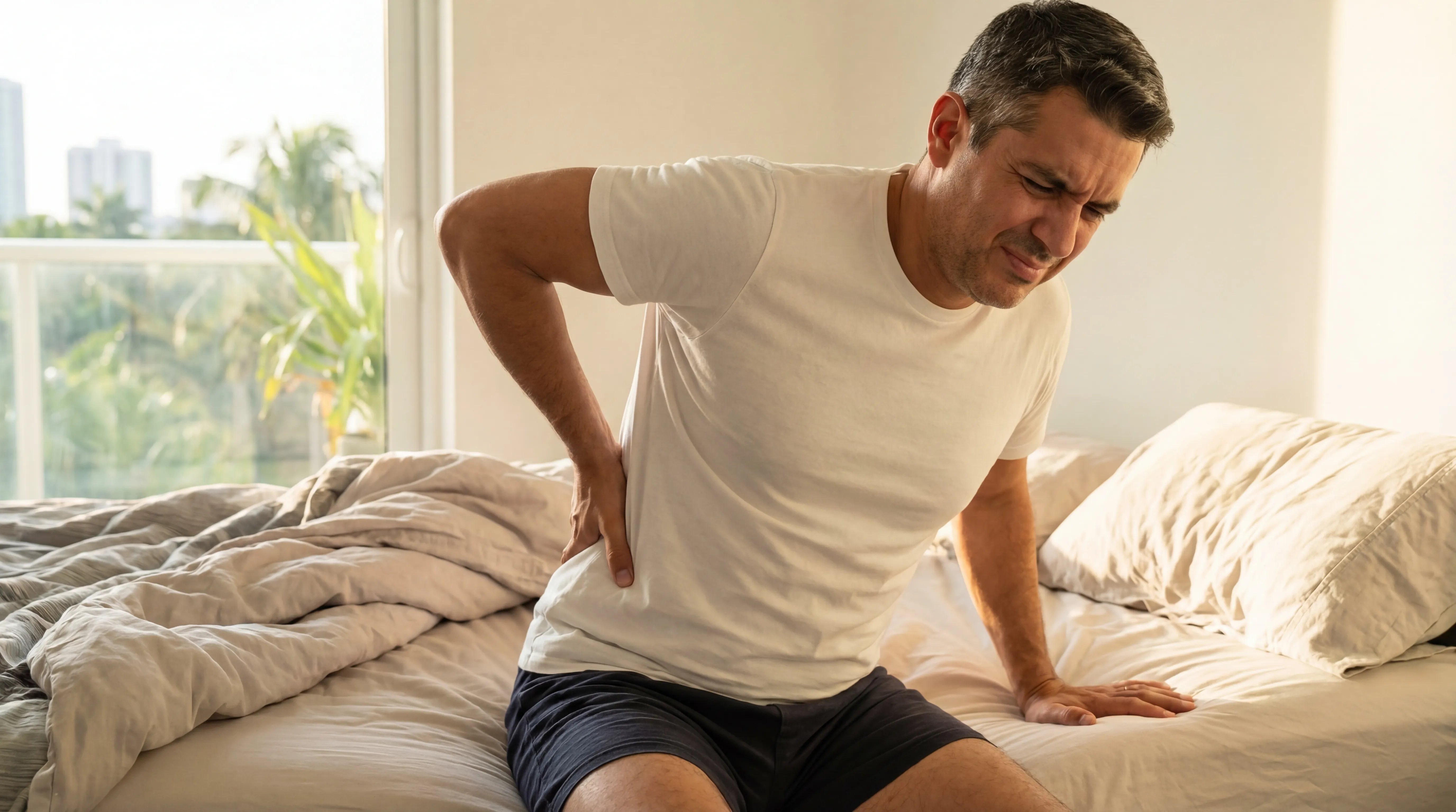 Miami resident experiencing herniated disc symptoms with radiating lower back pain