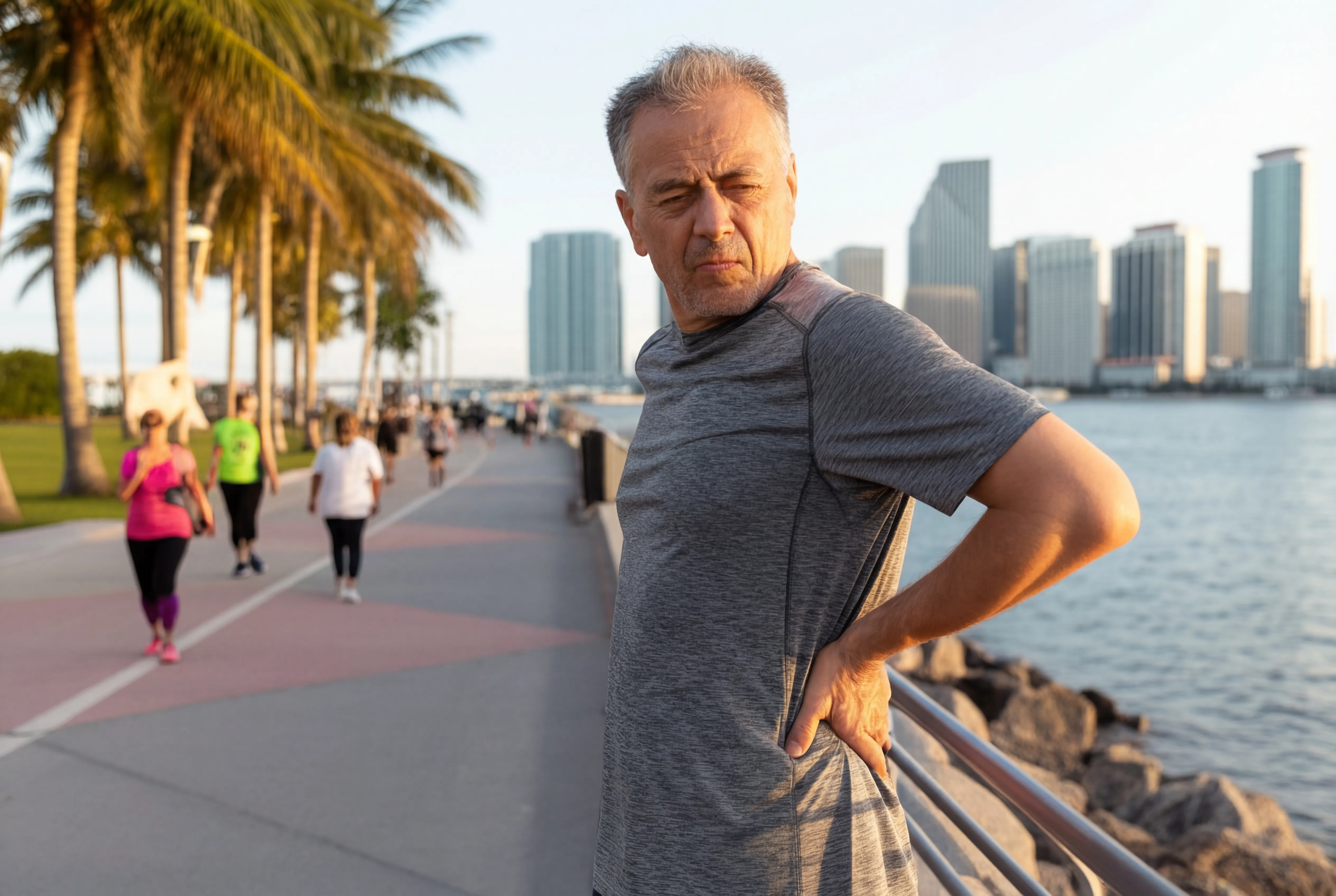 A man with lower back pain stops on a Miami, Florida waterfront boardwalk, the city skyline glowing at sunset behind him