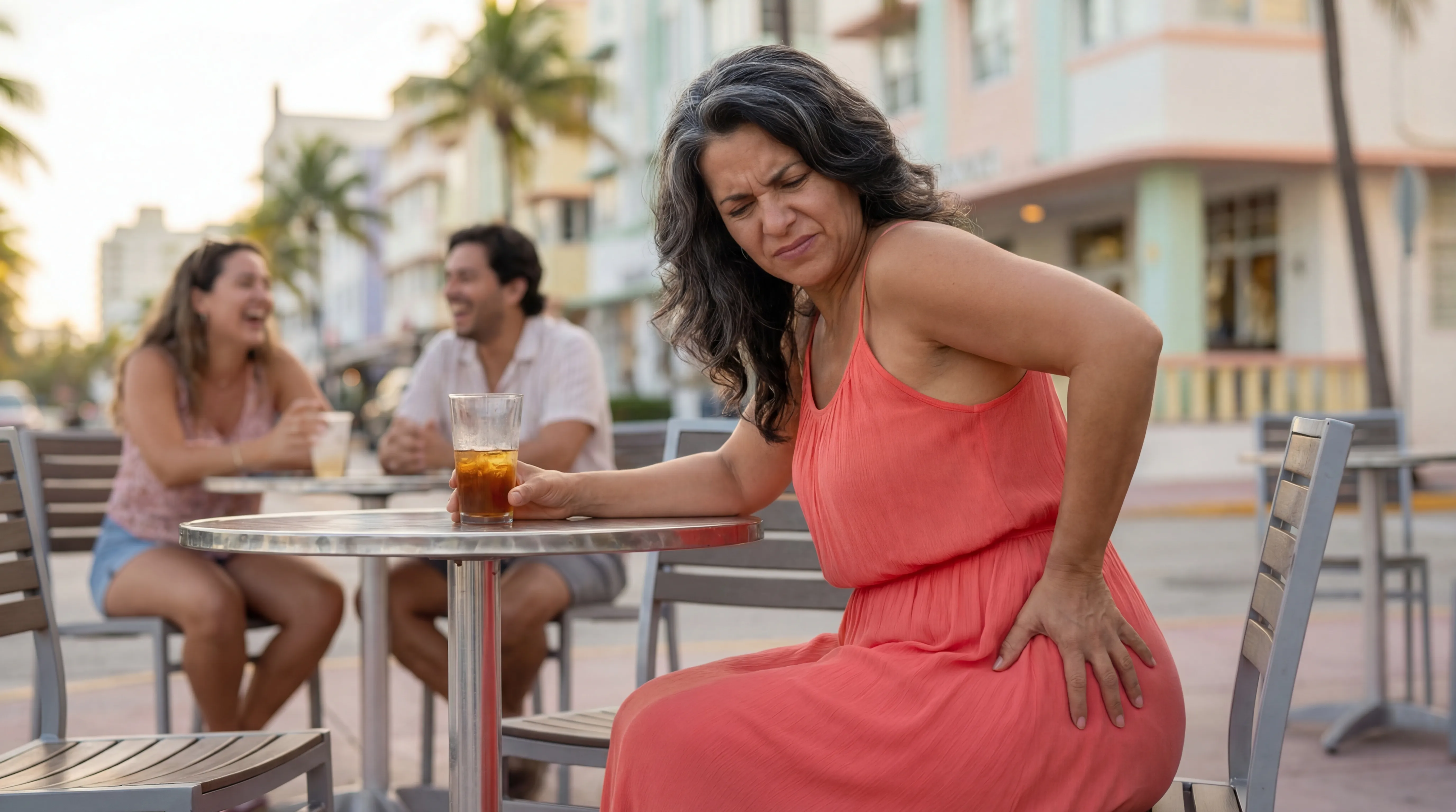 Woman experiencing piriformis pain while sitting at a Miami outdoor cafe