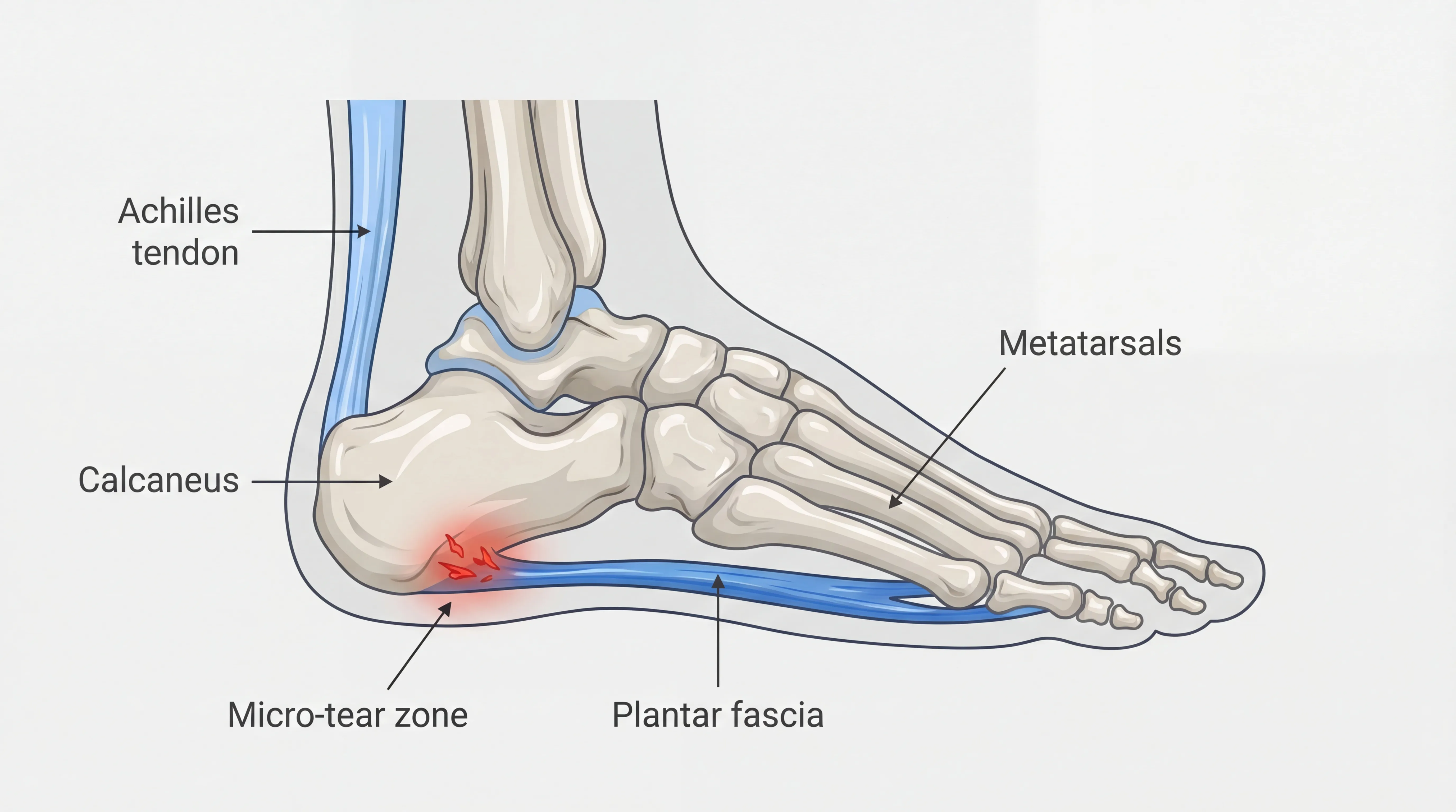 Plantar fasciitis anatomy diagram showing the plantar fascia, Achilles tendon, calcaneus, and micro-tear zone where heel pain originates