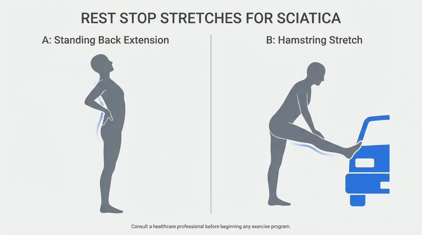 Two sciatica stretches for rest stops: standing back extension and hamstring stretch on car bumper