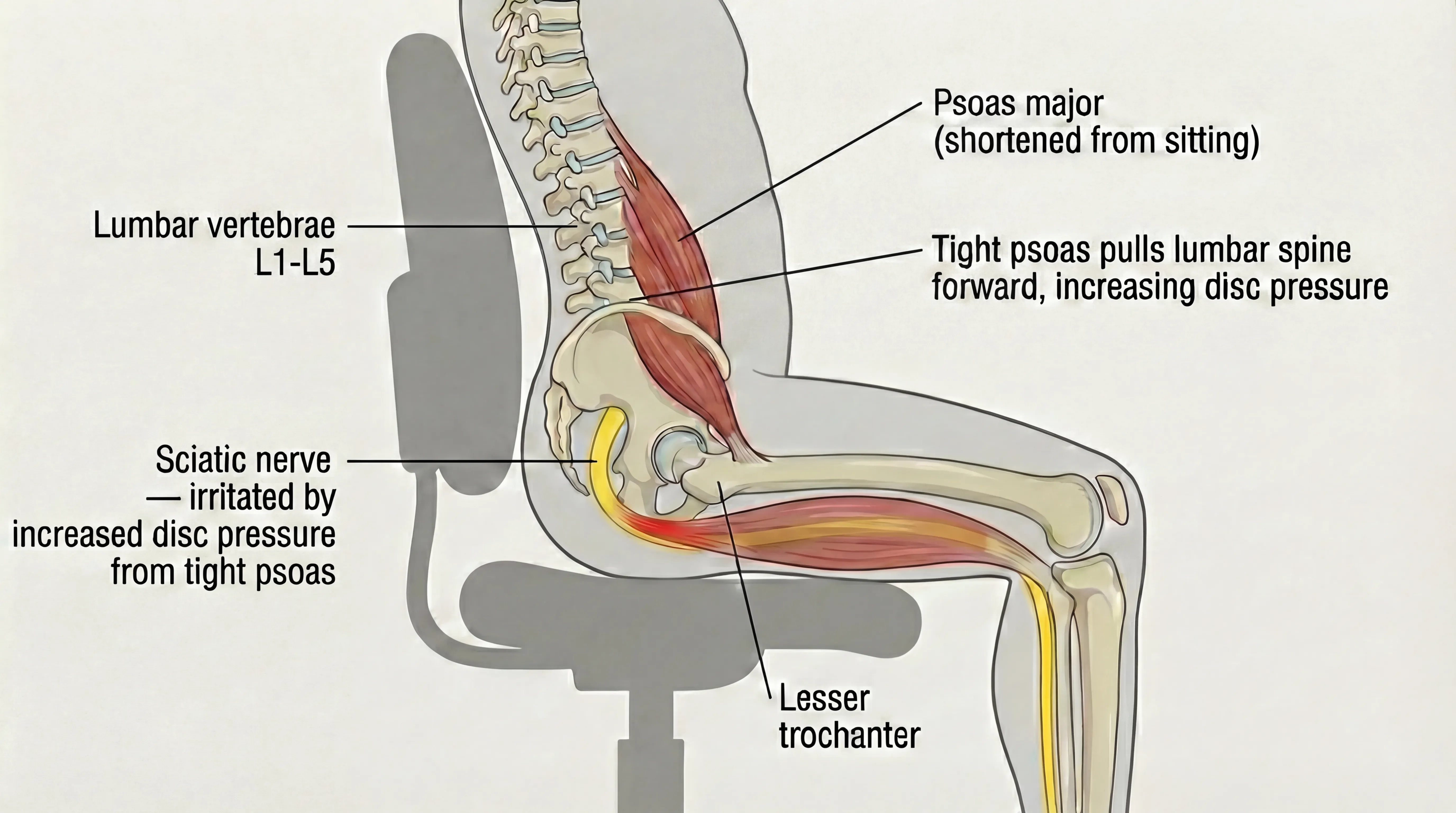 Diagram showing how prolonged sitting shortens the psoas muscle, pulling the lumbar spine forward and increasing disc pressure on the sciatic nerve